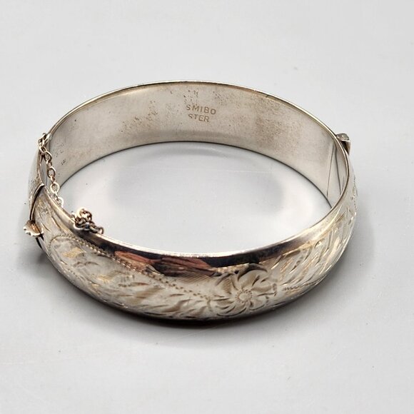 Hinged Bangle Bracelet Floral Engraved Sterling Silver SMIBO Stamp ~25g - Picture 1 of 9